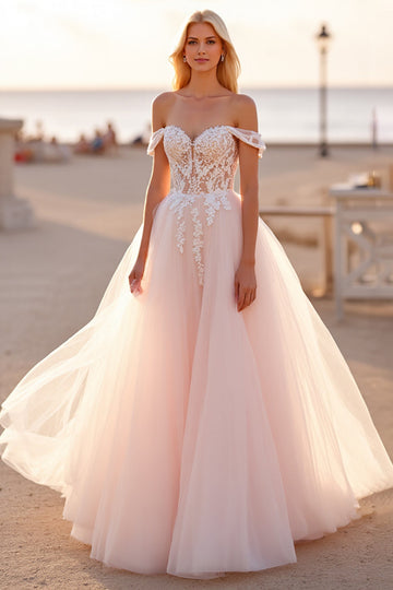 Blush Tulle Ball Gown Off the Shoulder Wedding Dress with Appliques